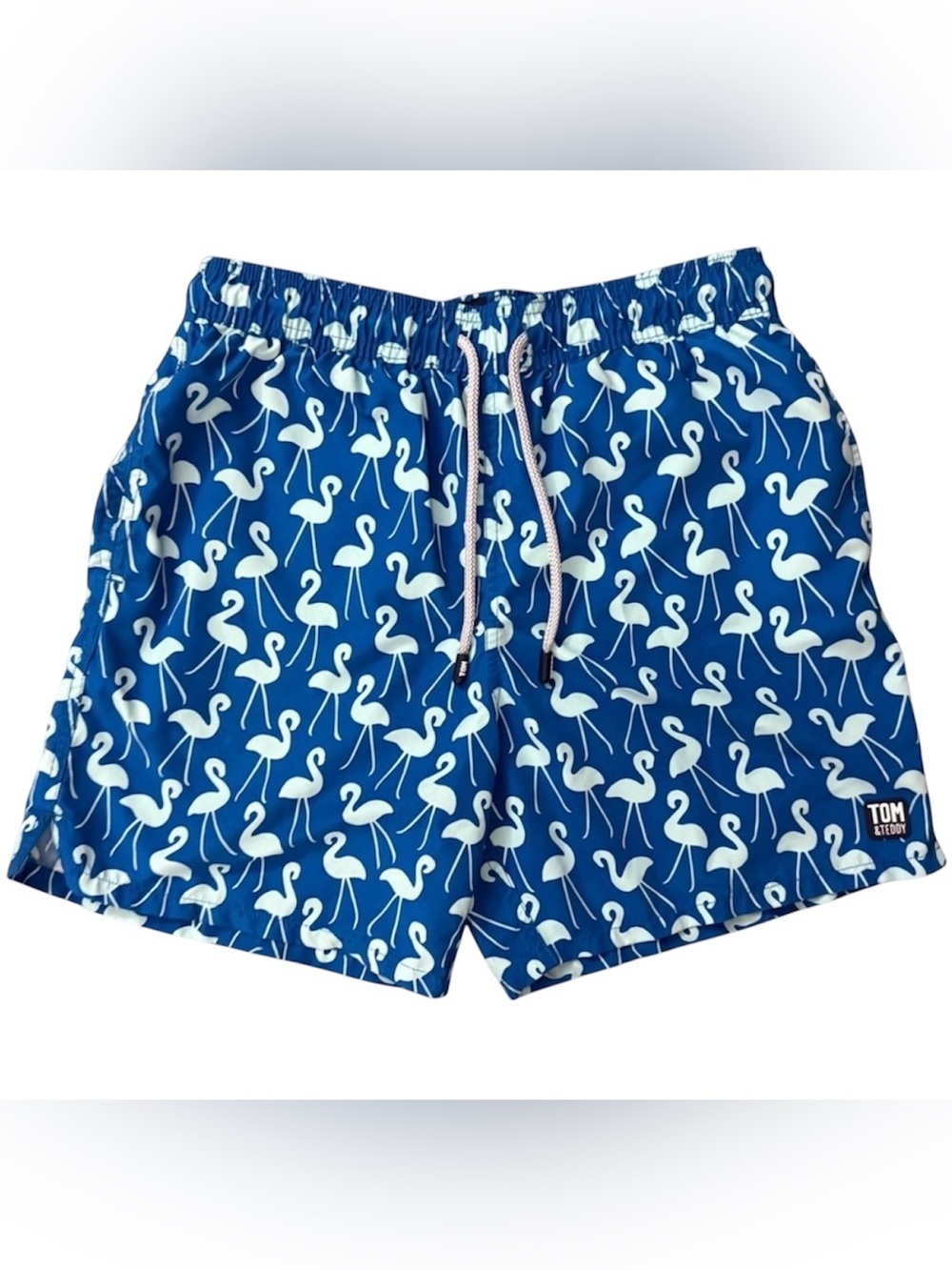 Tom & Teddy Flamingo Swim Trunks Mens Medium Blue White Print Drawstring Shorts